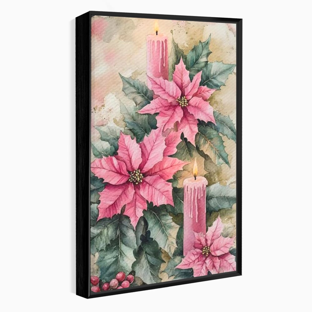 Tablou canvas cu tablou cu lumanari si flori poinsettia, in rama de aluminiu negru